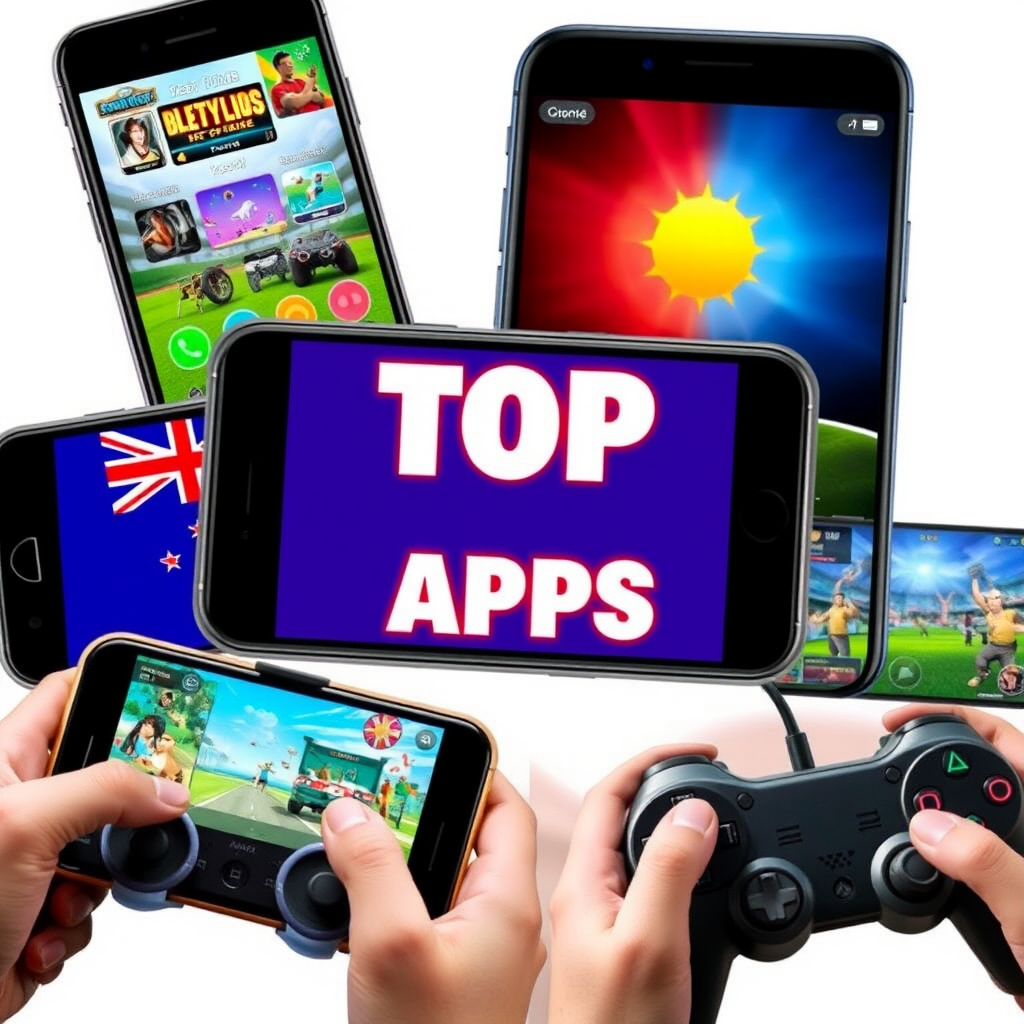 Collage of top 5 mobile gaming apps on smartphone screens showing colorful game interfaces, Australian flag elements, and gaming controllers in bright modern style
