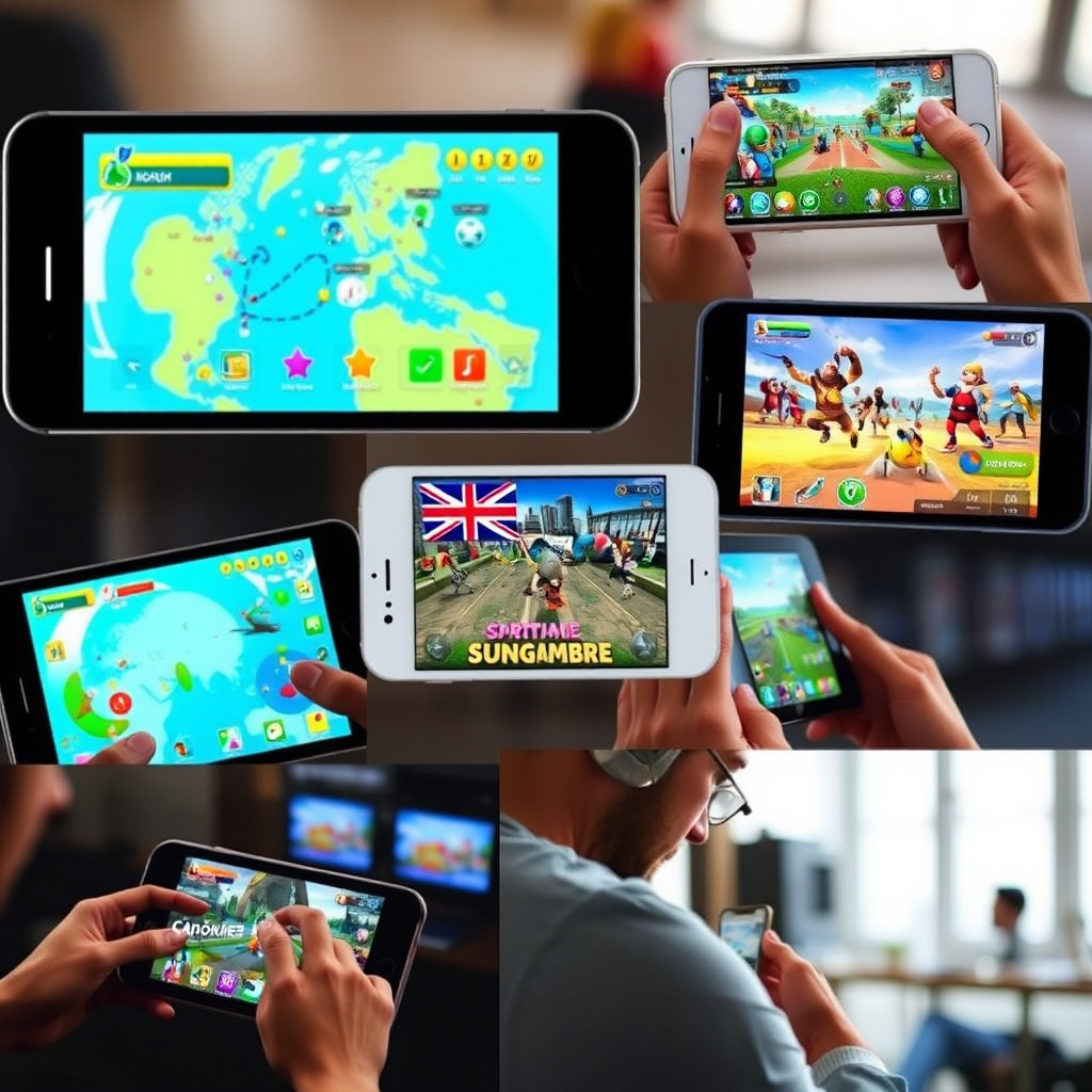 Collage of popular mobile gaming apps displayed on various smartphones and tablets, showing colorful game interfaces and Australian players enjoying mobile gaming experiences