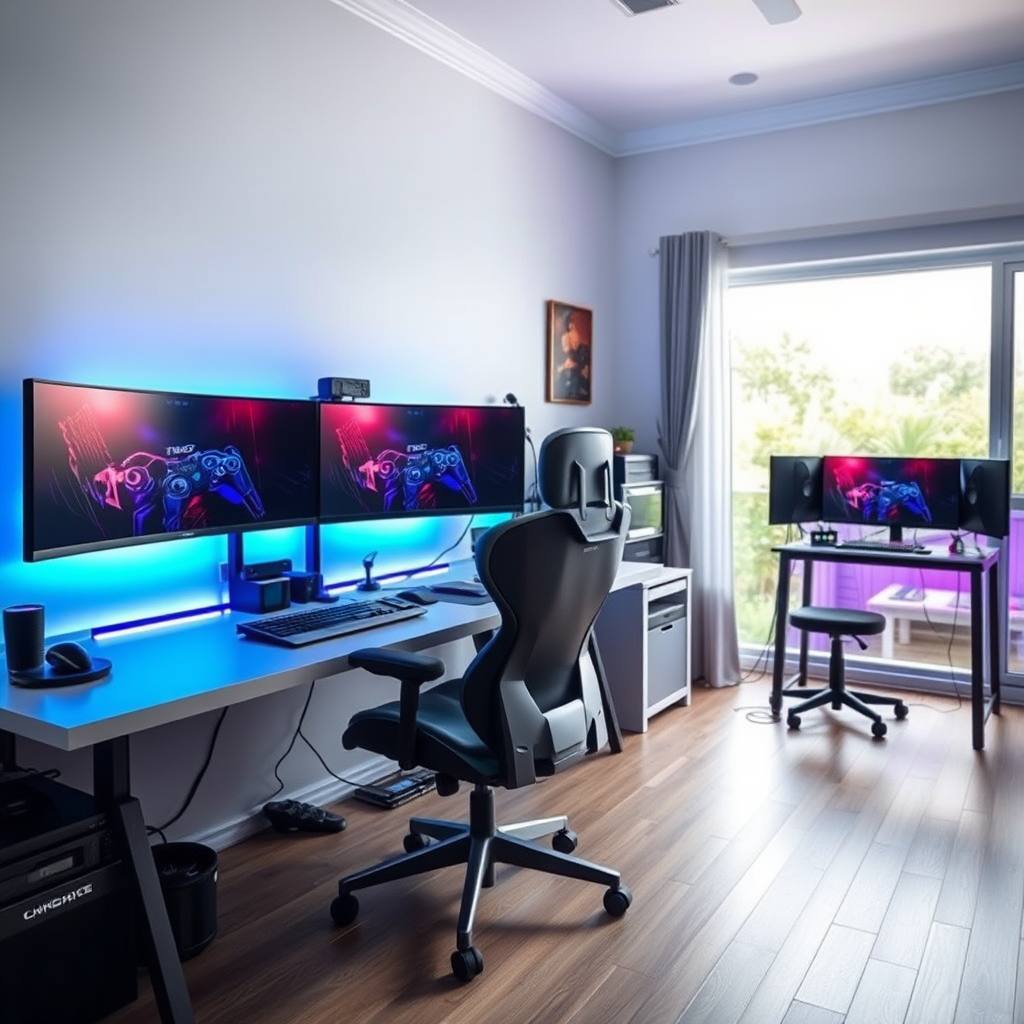 Modern gaming setup with multiple monitors, RGB lighting, ergonomic chair, and high-end gaming peripherals in a well-lit Australian home office
