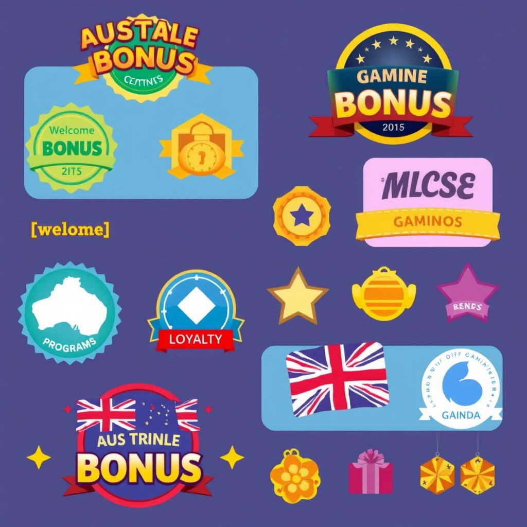 Colorful illustration showing various gaming bonus symbols including welcome bonus badges, loyalty program icons, and promotional offers specifically designed for Australian gaming platforms