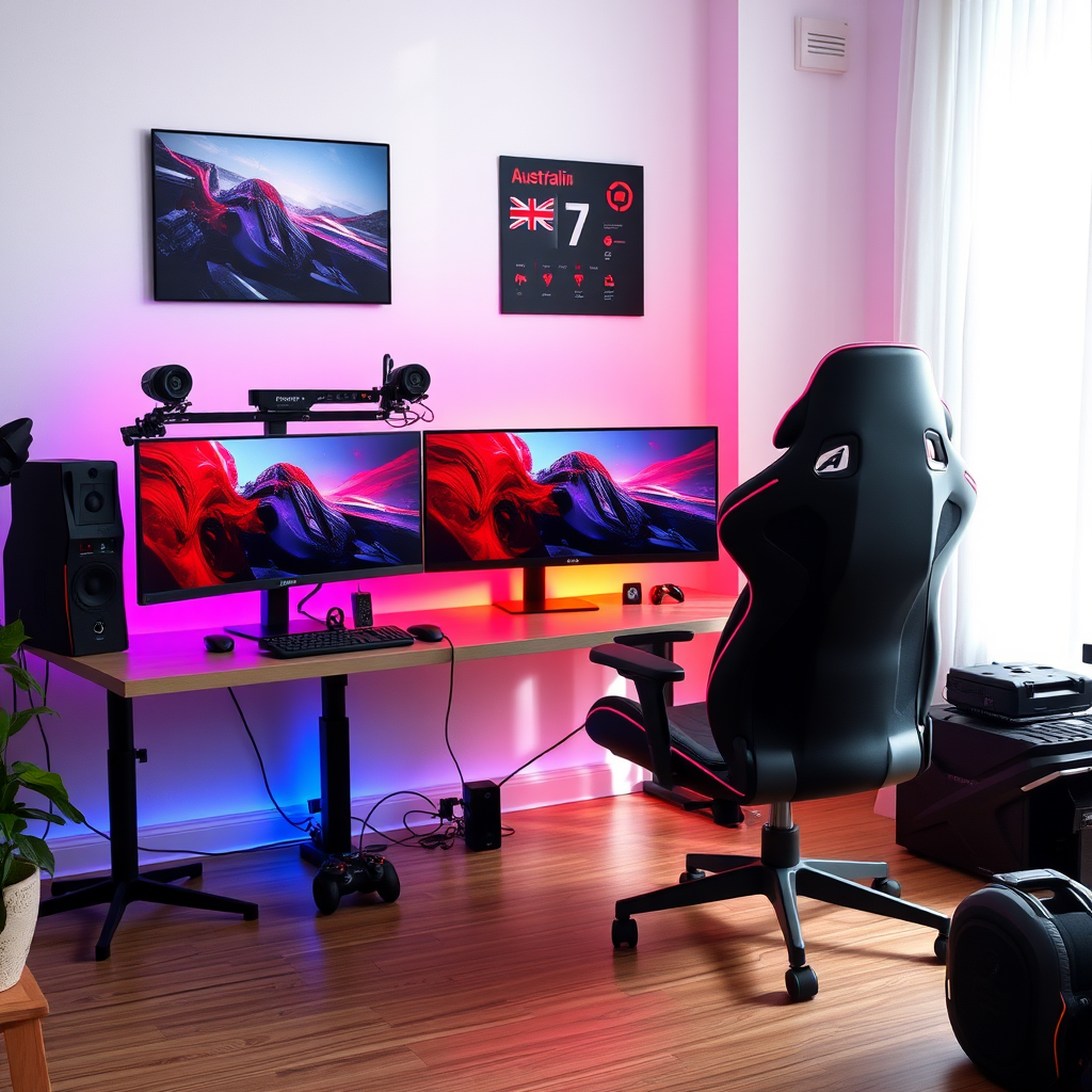 Modern gaming setup with multiple monitors, RGB lighting, gaming chair, and Australian gaming accessories in a bright contemporary room