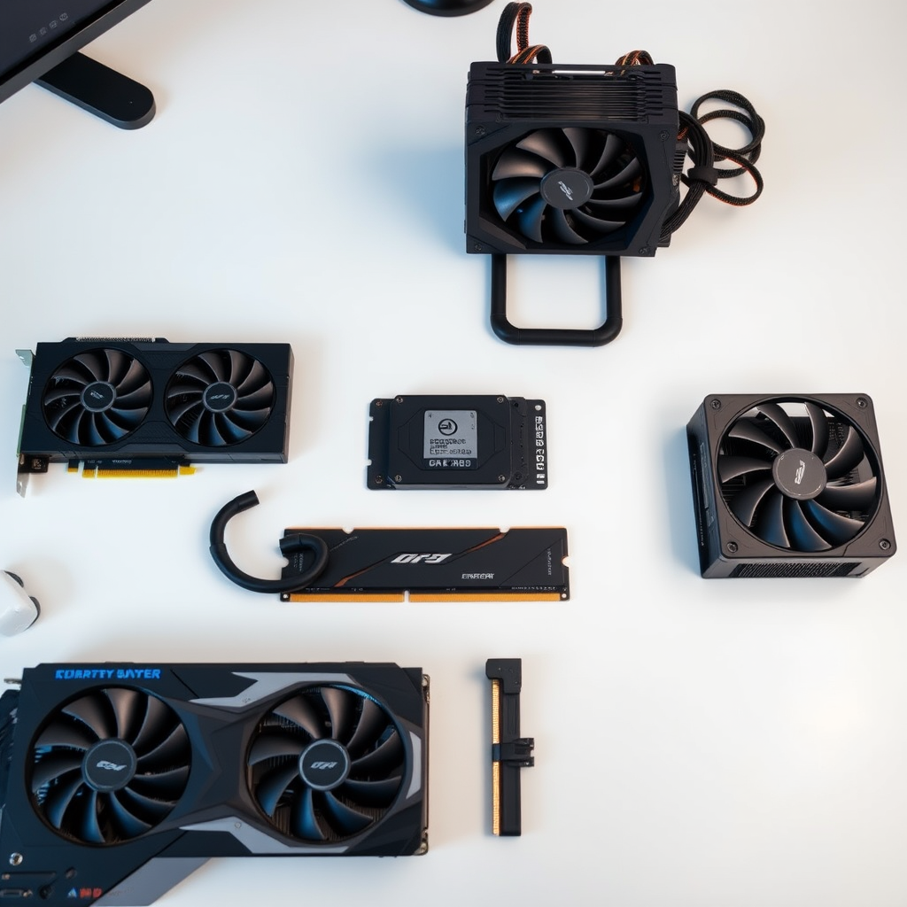 High-performance gaming PC components including graphics card, processor, RAM, and cooling system laid out on a clean workspace