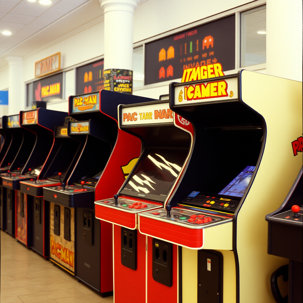 Vintage arcade machines in an Australian shopping center from the 1980s with classic games like Pac-Man and Space Invaders