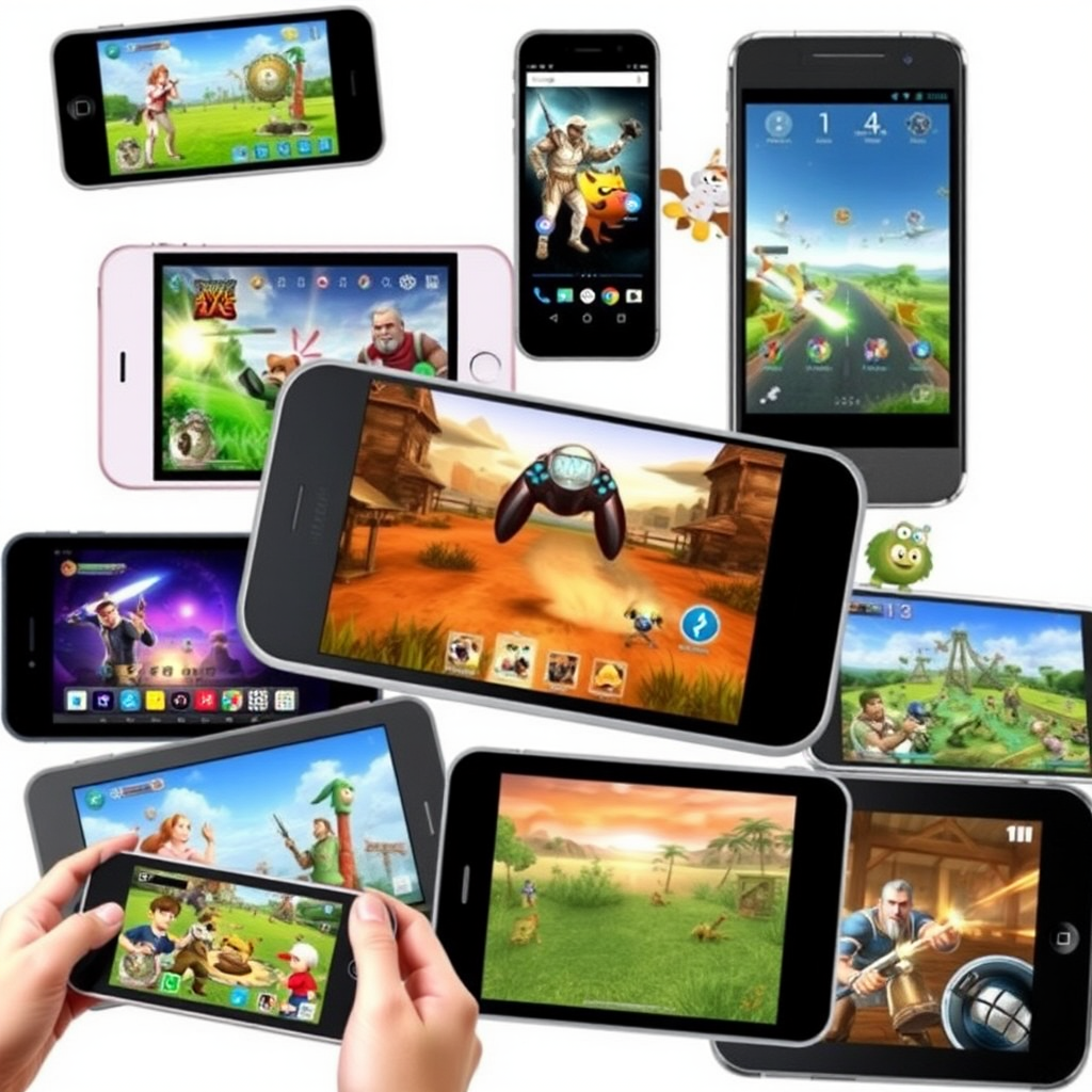 Collage showing various mobile gaming devices and popular Australian mobile games from the 2010s including smartphones and tablets