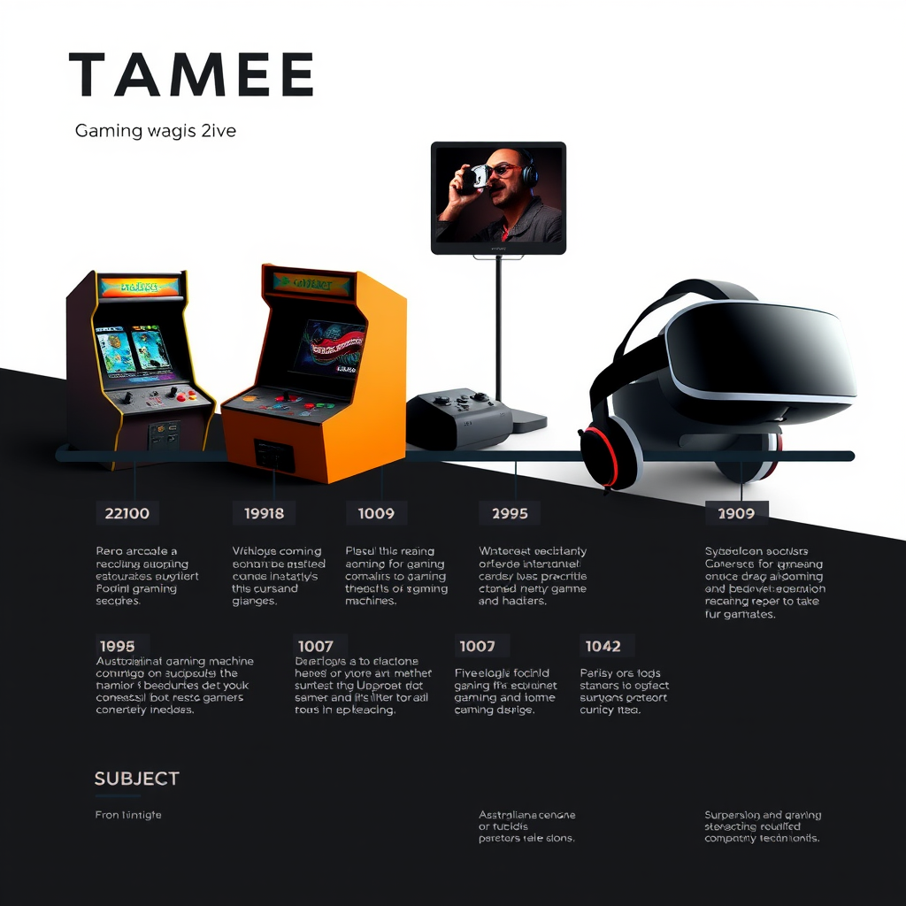 Timeline visualization showing evolution of gaming technology from retro arcade machines to modern VR headsets with Australian gaming industry milestones