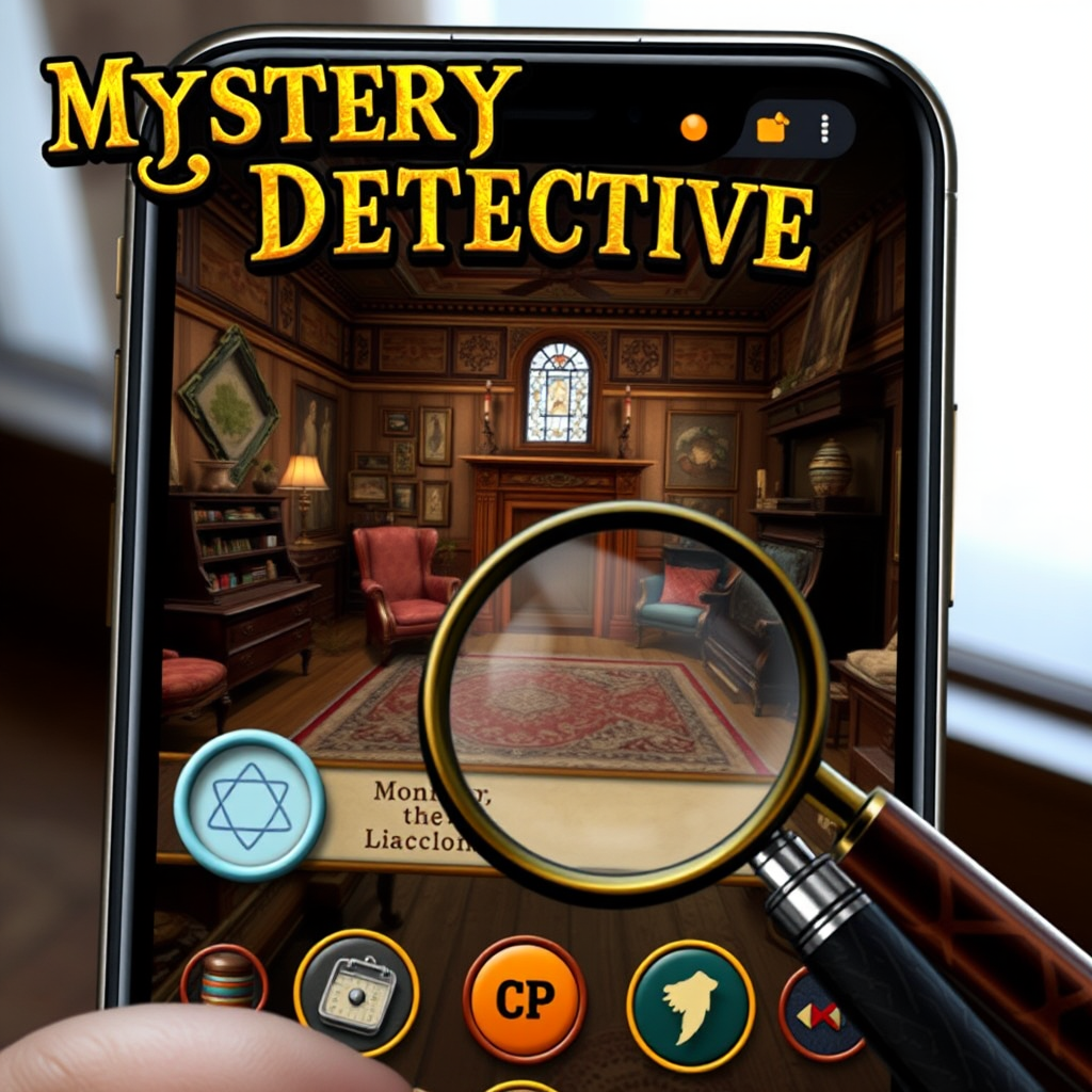 Mystery Manor Detective mobile game interface displaying a Victorian-era mansion interior with hidden object gameplay elements, magnifying glass, and detective tools on a smartphone