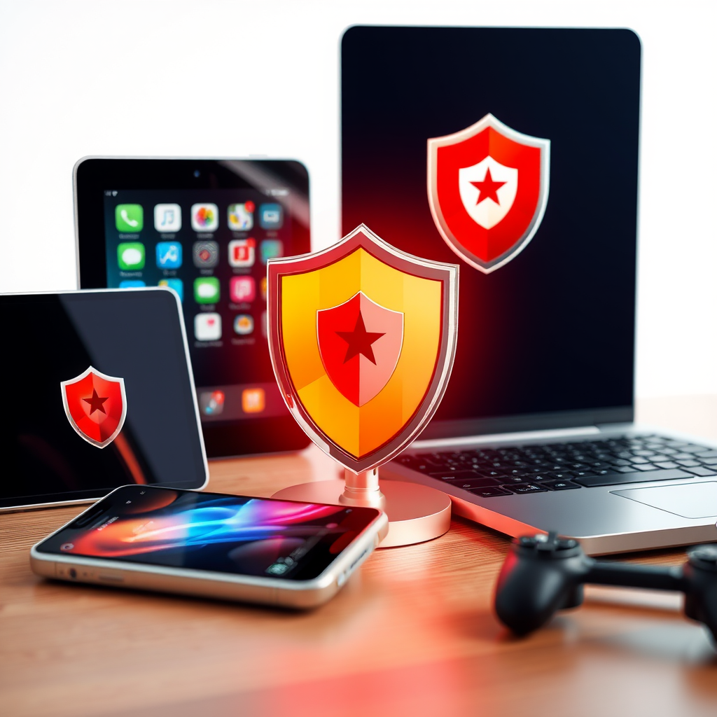 Multiple gaming devices including smartphone, tablet, and laptop with security shields and antivirus protection symbols