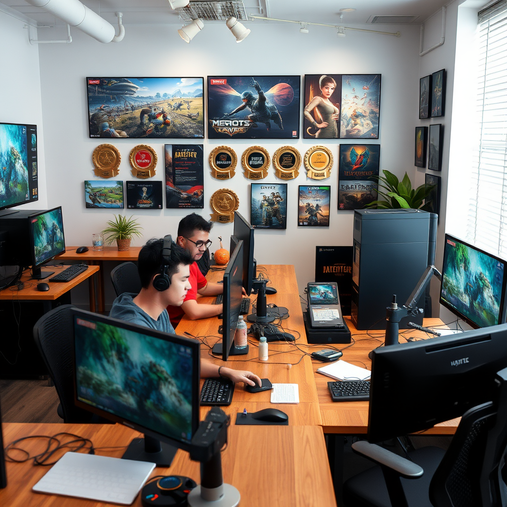 Modern Australian game development studio showing developers working on computers with game artwork and awards displayed on walls