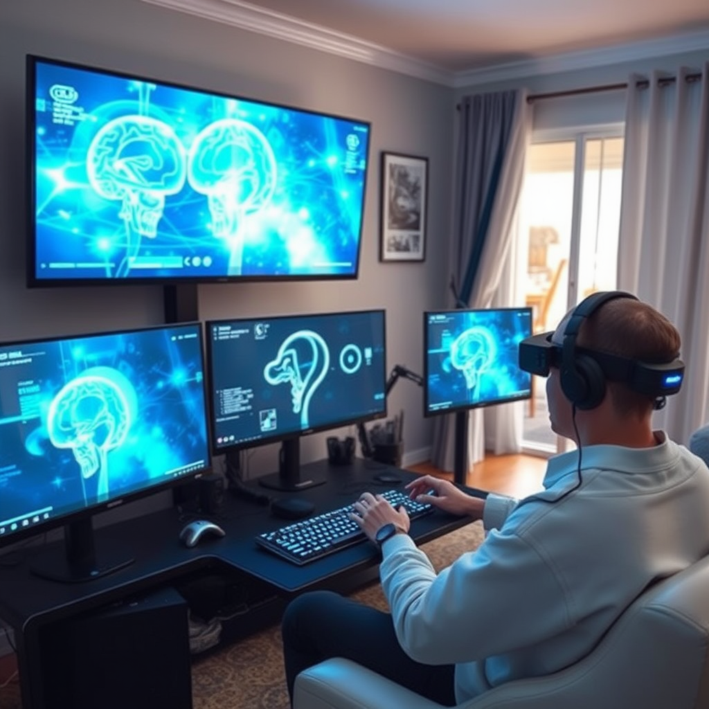 Futuristic gaming setup showing holographic displays, brain-computer interfaces, and advanced haptic feedback systems in Australian home environment